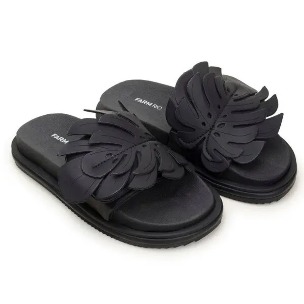 FARM Rio Black Sandals with Leaf Accent